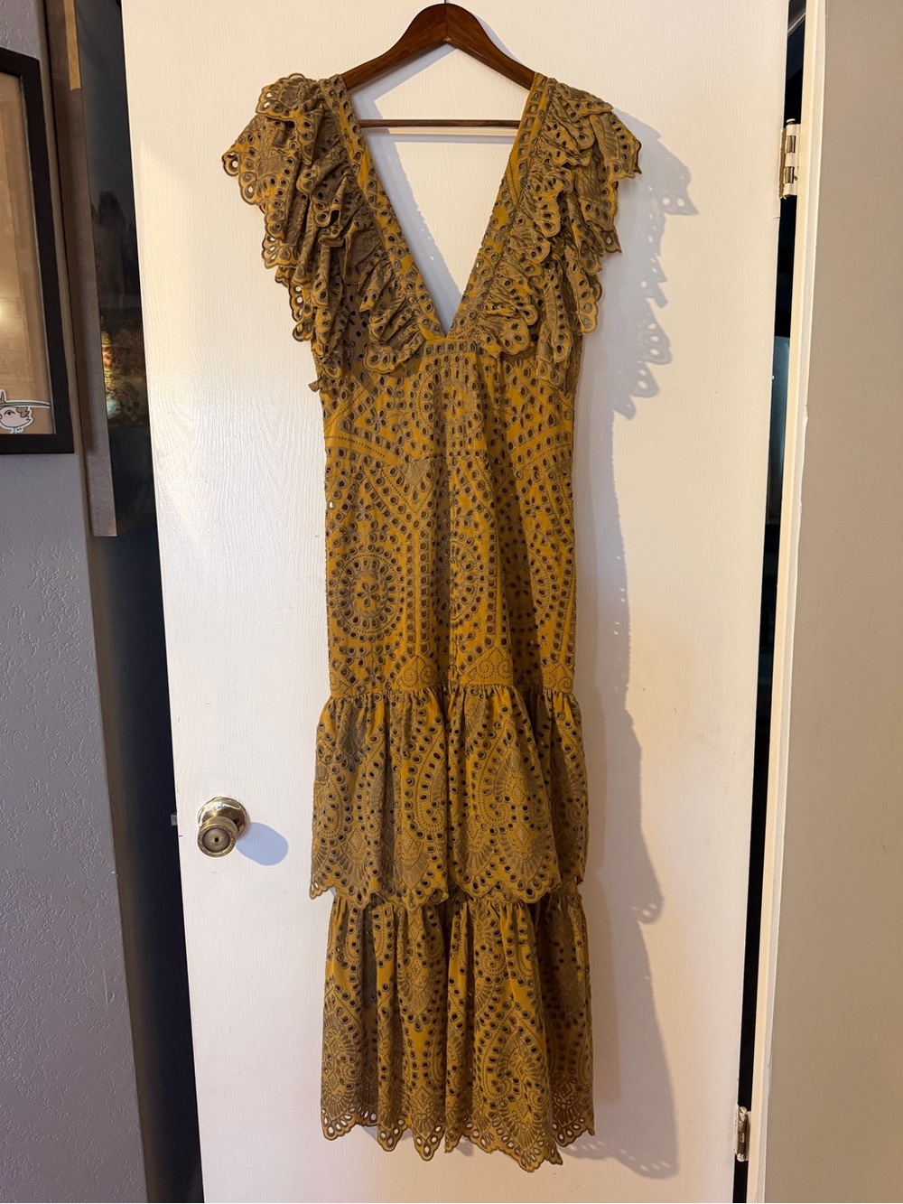 Jen’s Pirate Booty Mustard Eyelet Ruffle Maxi Dress
